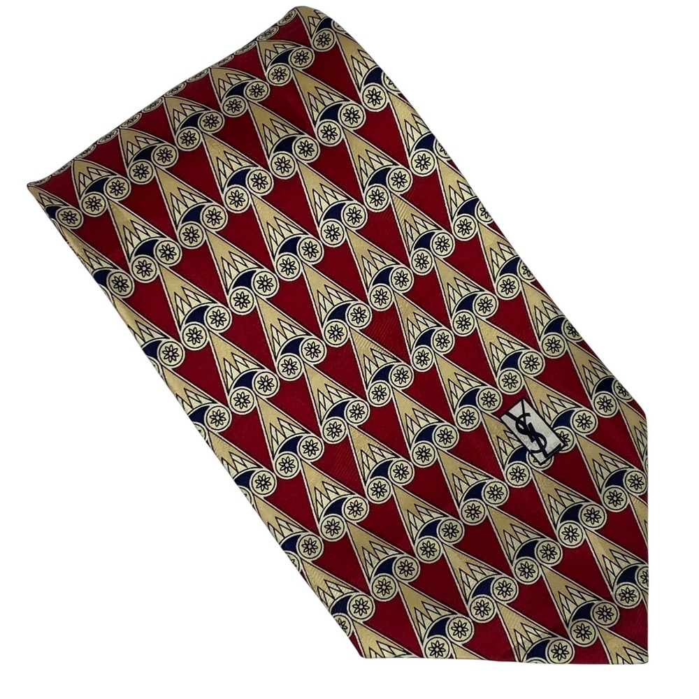 YVES‎ SAINT LAURENT Necktie Mens Silk Red Gold Geometric Designer 57x4 Artsy